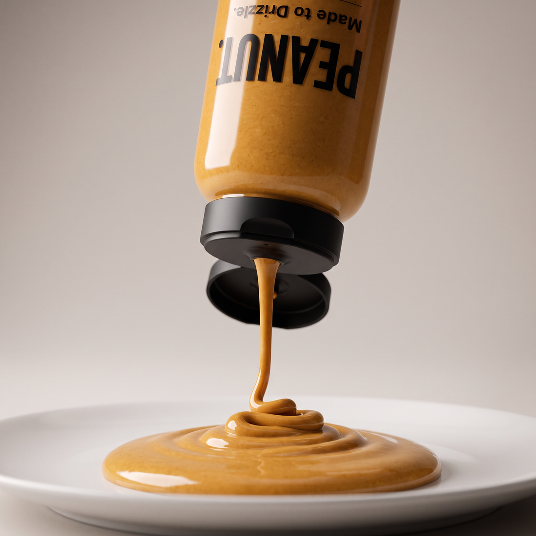 Peanut butter pouring from the upturned bottle into a pool on a plate