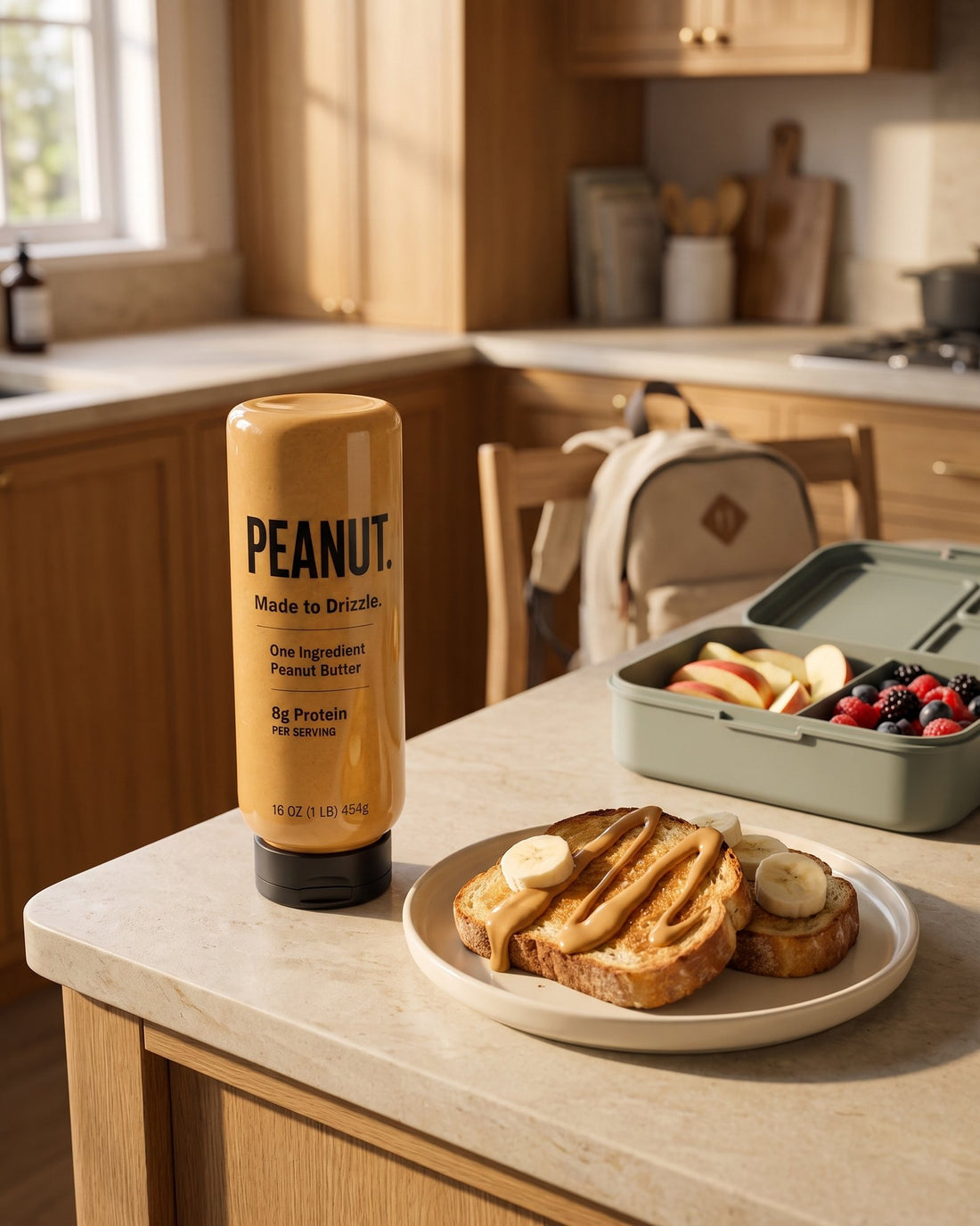 The bottle on a kitchen counter beside banana toast and a packed lunchbox